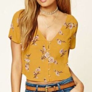 Forever 21 Yellow Floral Button Down Flowy Crop Top